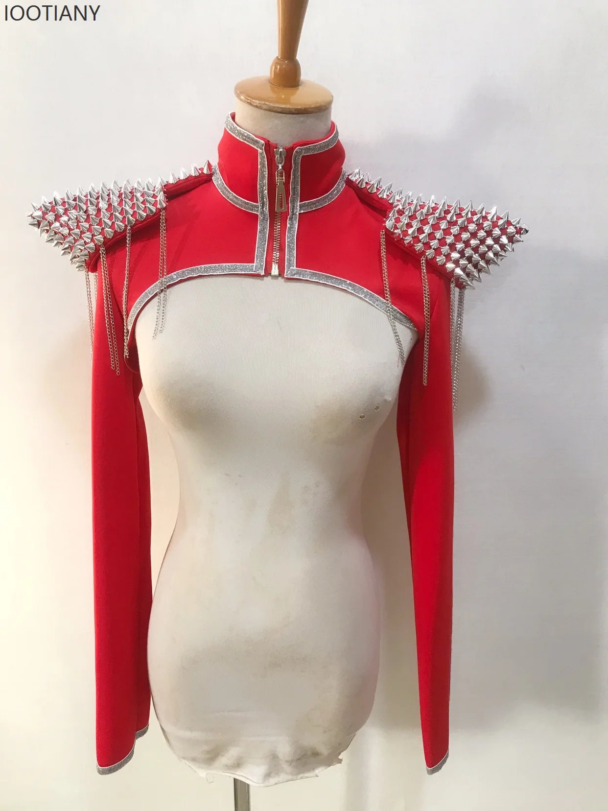 IOOTIANY Women’s Red Rivet Padded Shoulder Stage Jacket
