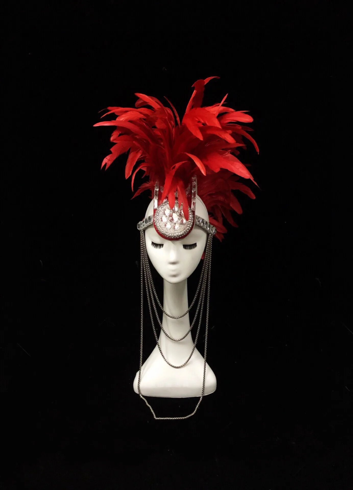 Unisex Rhinestone Feather Cockscomb Stage Headdress