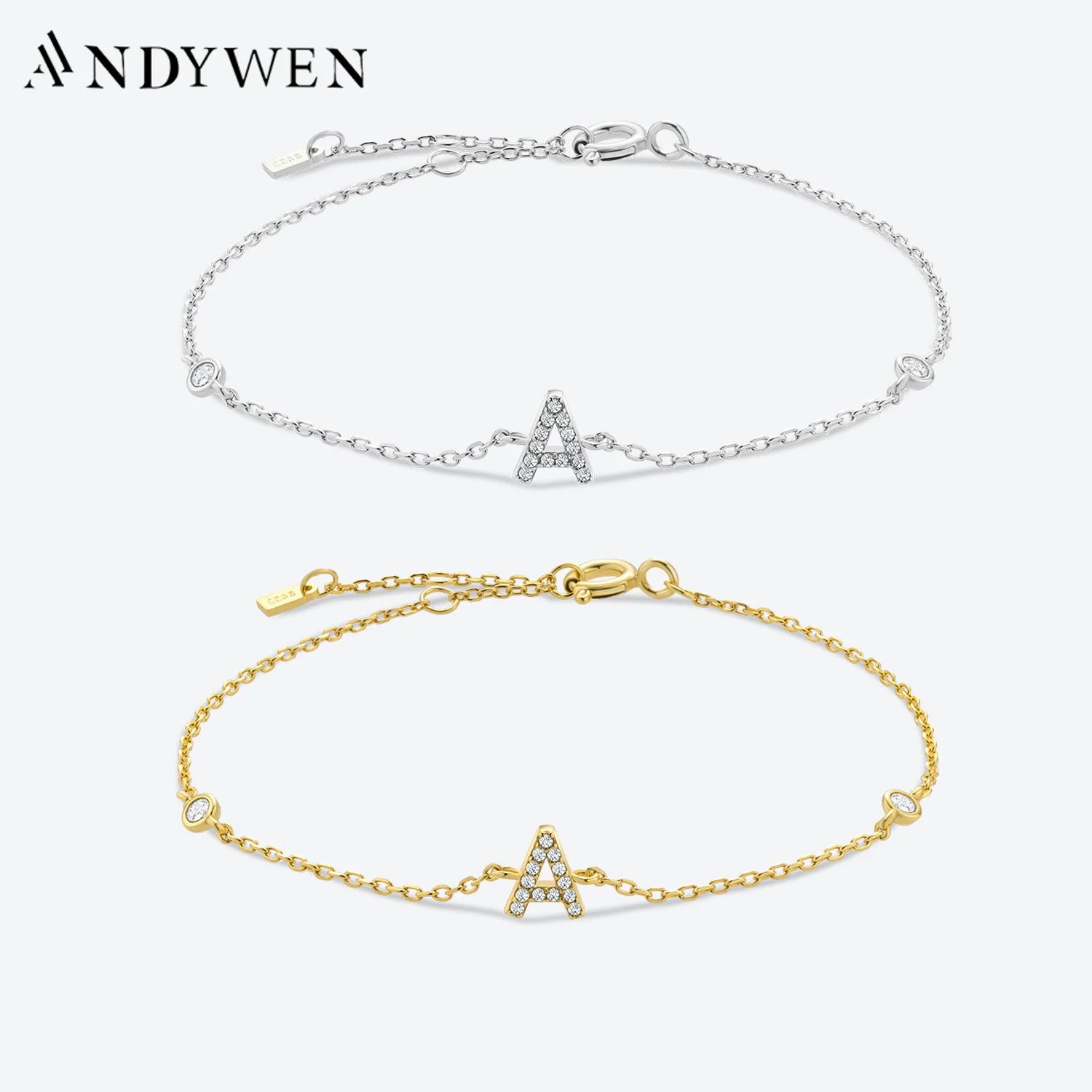 Gold Initial Monogram Bracelet 925 Sterling Silver CZ