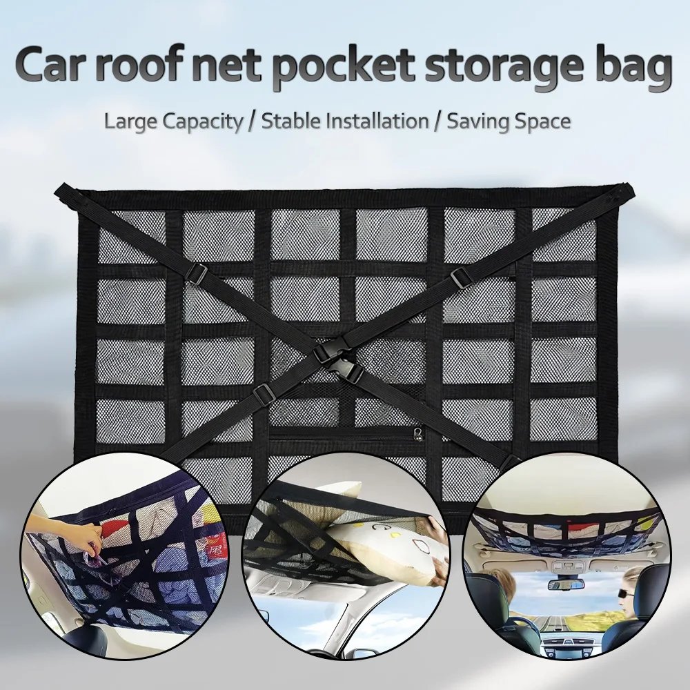 Hanging Car Roof Organizer – Mesh Double-Zip Pockets