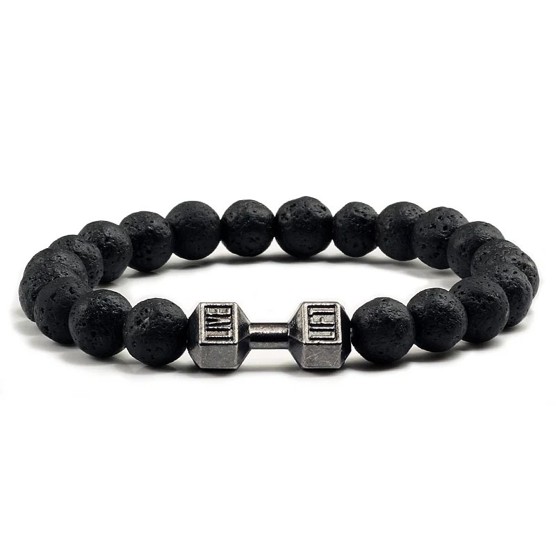 Unisex Matte Black Lava Stone Bracelet, Dumbbell