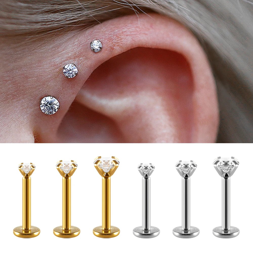 2-Pack 16G CZ Surgical Steel Labret & Tragus Studs