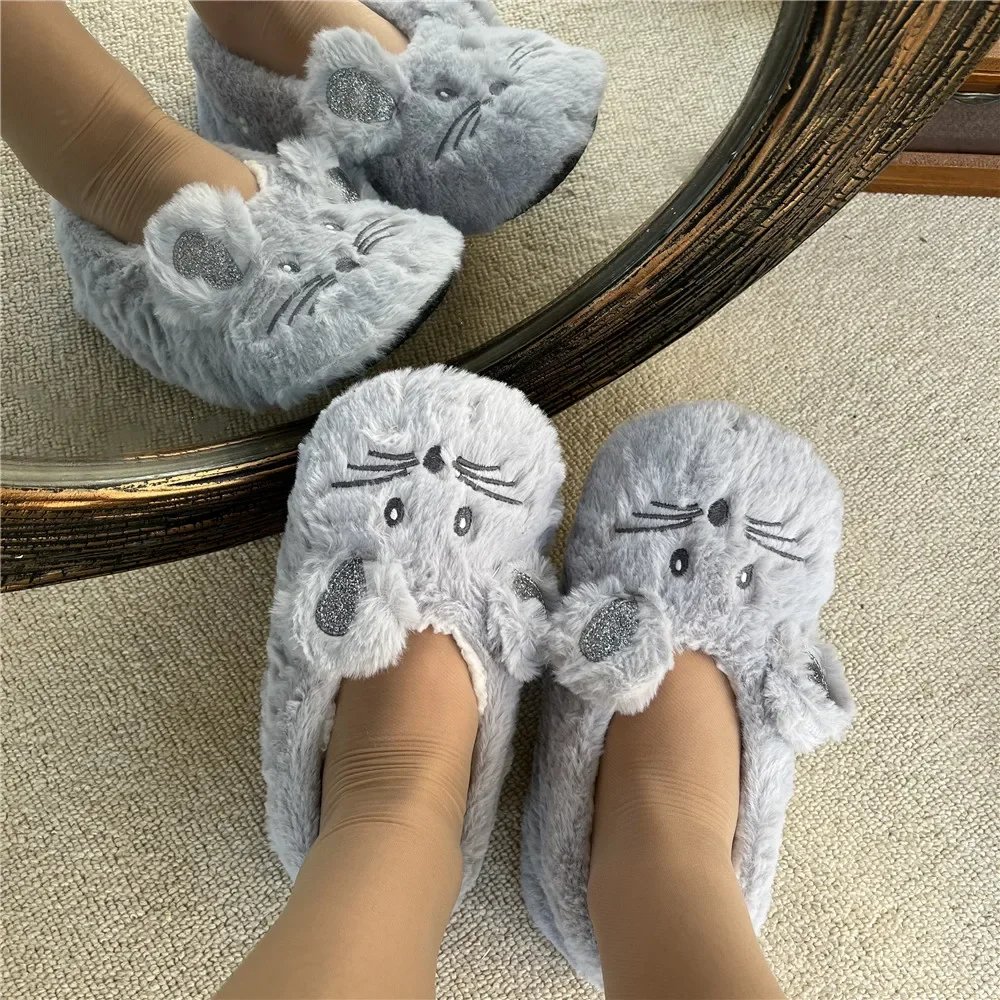 Women's Plush Fuzzy Mouse Ear Slippers - Warm Non-Slip