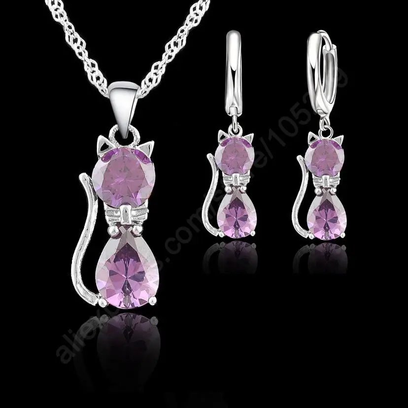 925 Silver CZ Cute Cat Necklace & Hoop Earring Set