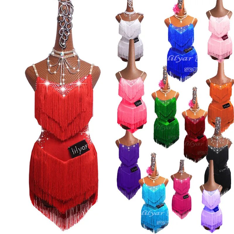 Rhinestone Tassel Latin Dance Competition Skirt (Red/White)