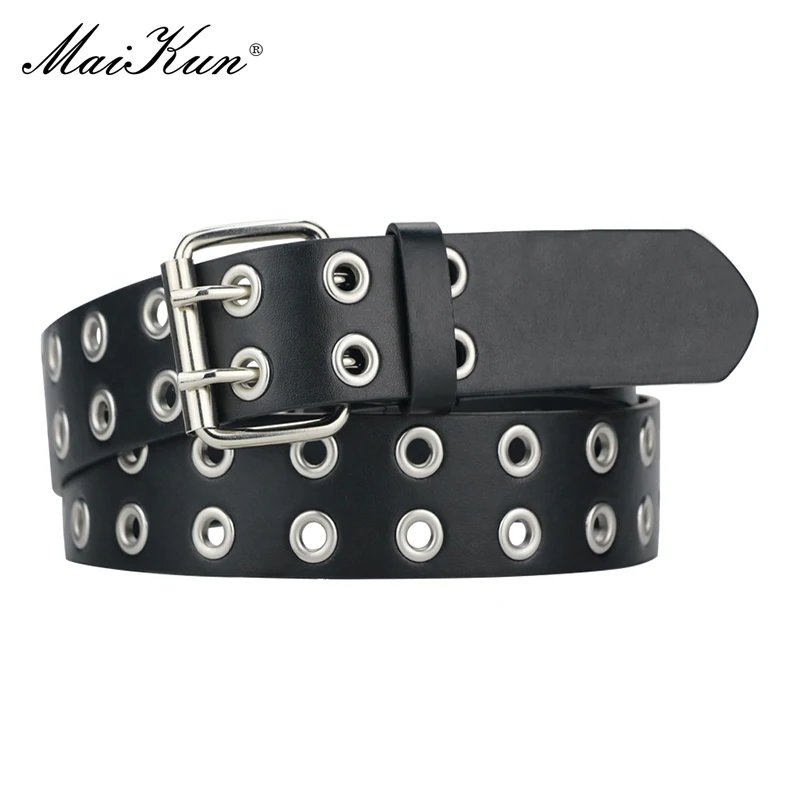 MaiKun Women’s Punk Goth Leather Belt – Double Pin Buckle