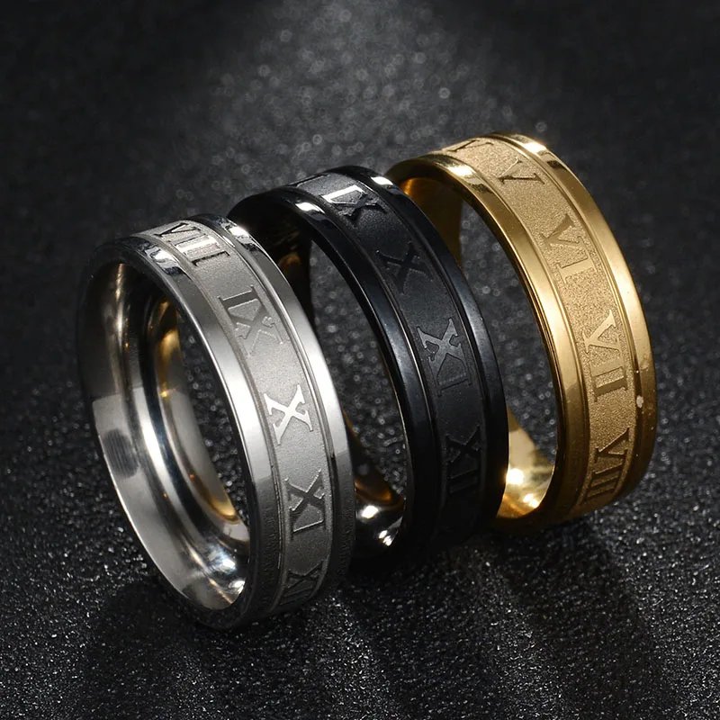 Vintage 6mm Stainless Steel Roman Numeral Couples Rings