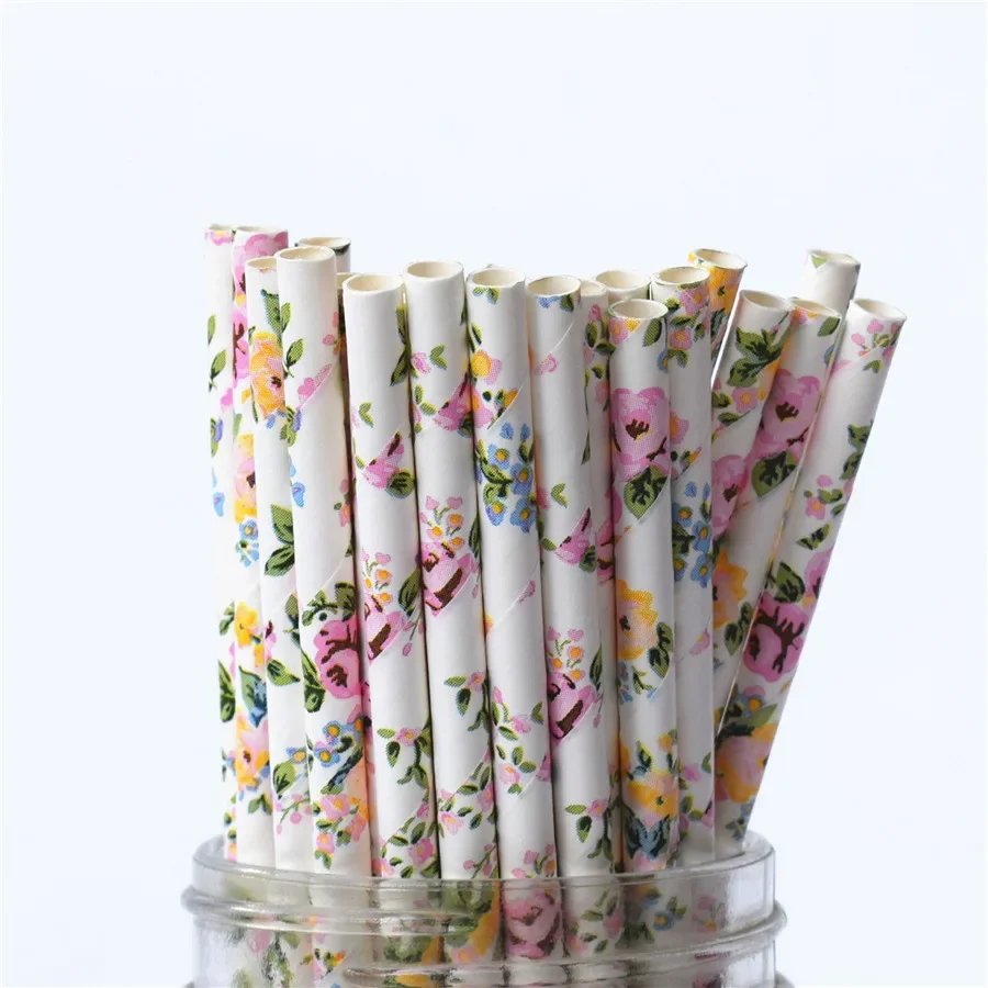 Biodegradable Vintage Floral Paper Straws – Pack 25/50/100