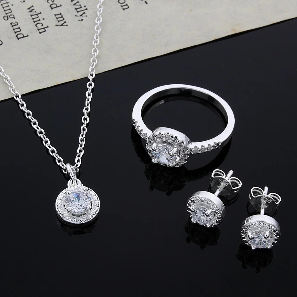 925 Sterling Silver CZ Necklace, Earrings & Ring Set