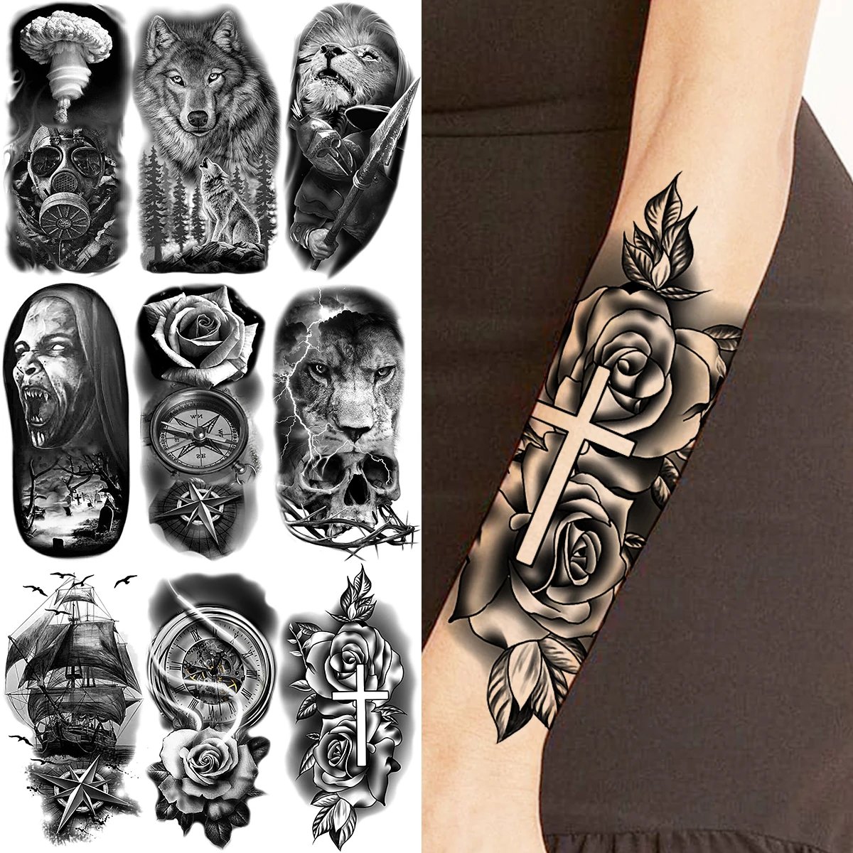 Black Rose & Cross Temporary Tattoo Pack – Gothic Tattoos