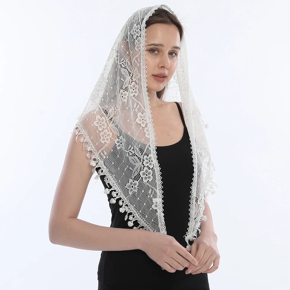 White Lace Embroidered Mantilla Veil Scarf for Church