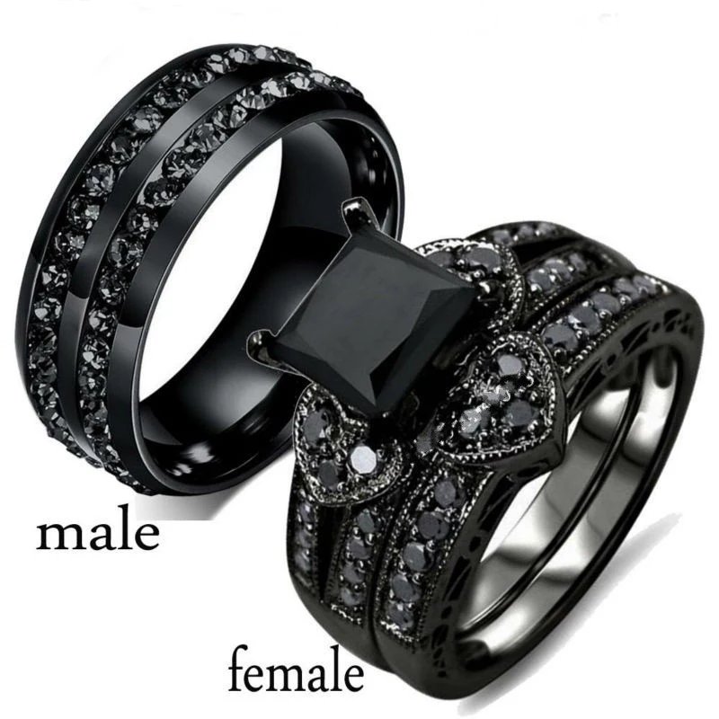 Black Heart Couple CZ Wedding Ring Set – Stainless Steel