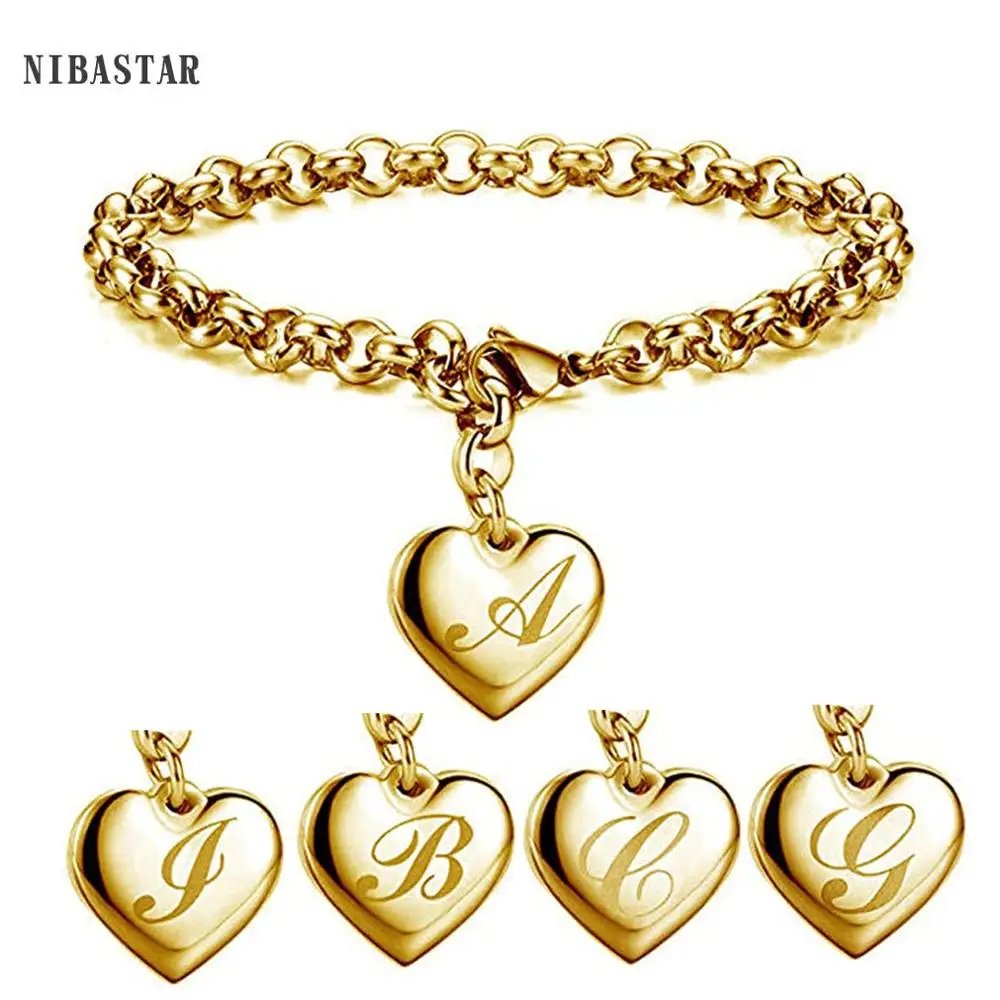 Personalized Gold Initial Heart Bracelet – Stainless Steel