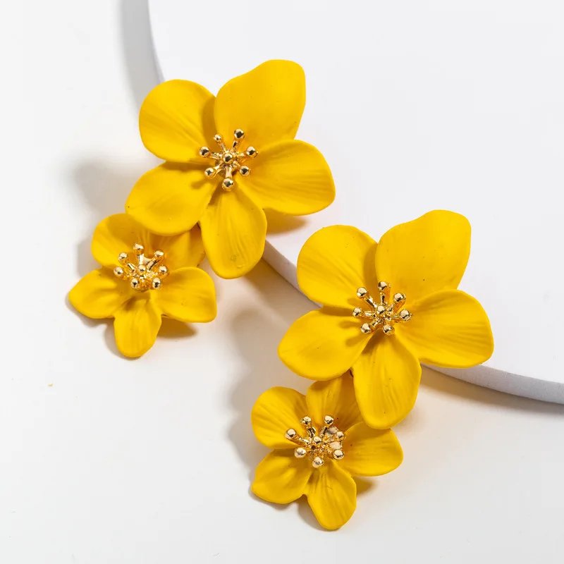 Korean Double Flower Drop Earrings – Boho Summer Gift
