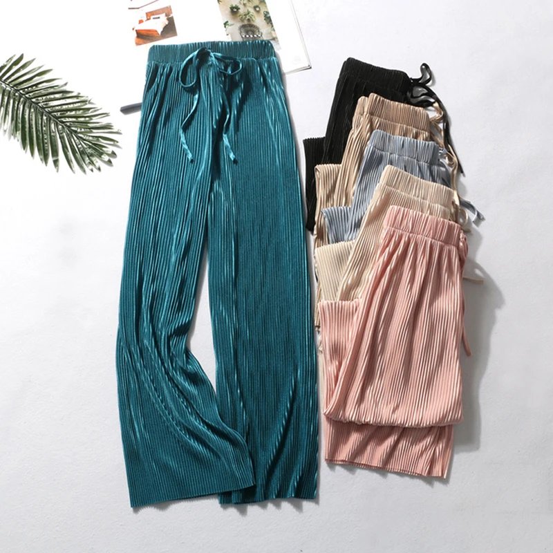 Women’s Pleated Ice-Silk Cropped Wide-Leg Pants
