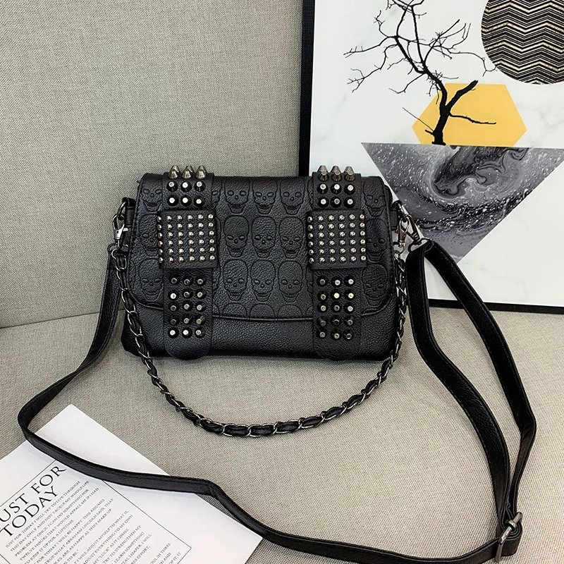 Vintage Black Rivet PU Leather Crossbody Bag for Women