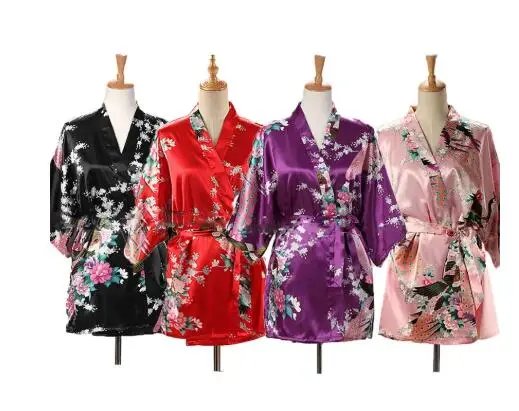 Women’s Lace-Up Peacock Satin Kimono Robe