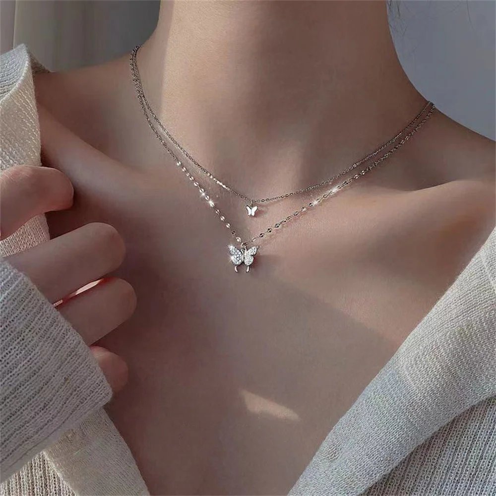 Shiny Double-Layer Butterfly Clavicle Necklace for Women
