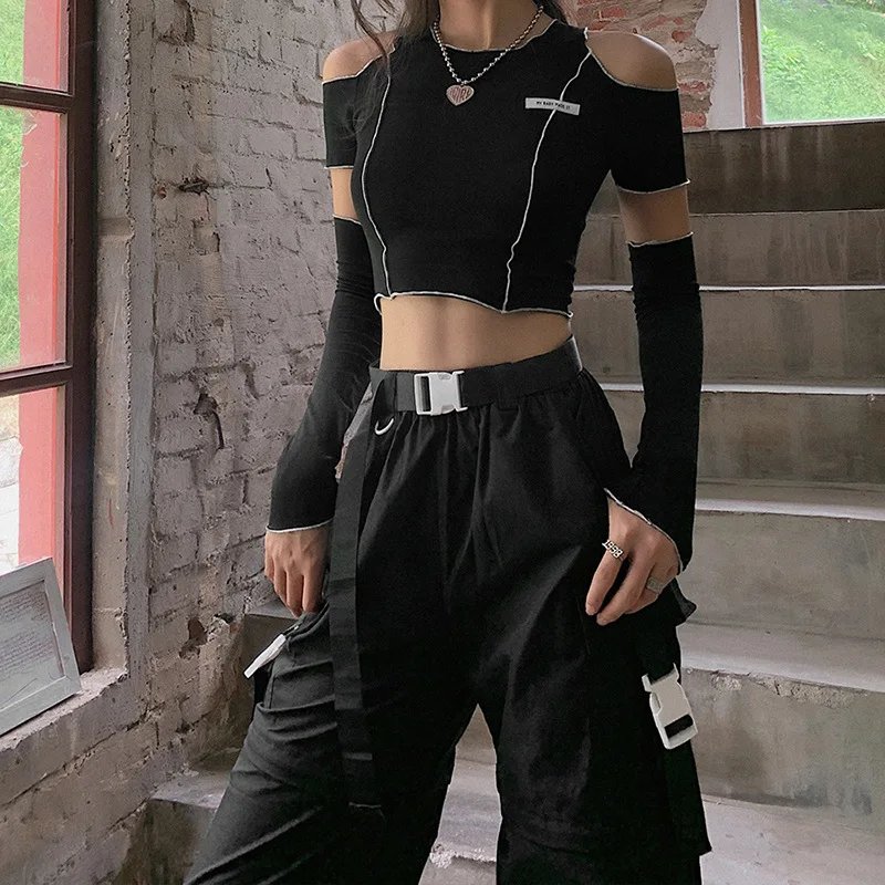 Y2K Gothic Black One-Shoulder Patchwork Ruffle Crop Top