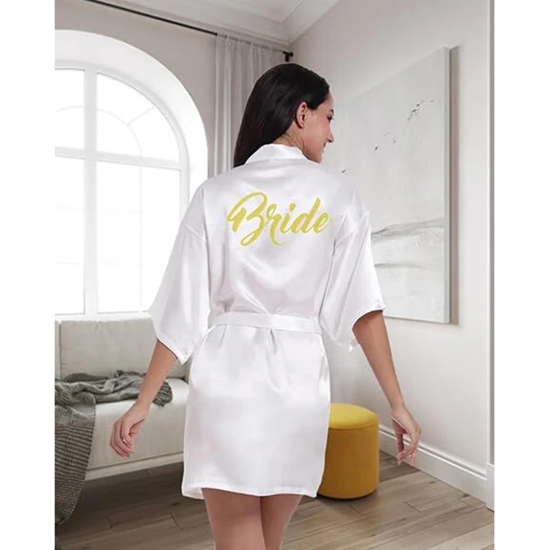 Bridal Get-Ready Satin Kimono Robe with Gold Lettering
