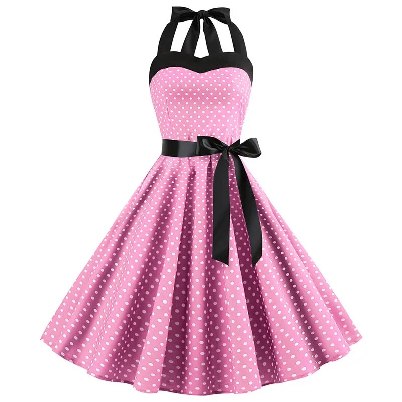Vintage White Polka Dot Halter Dress – 50s Rockabilly