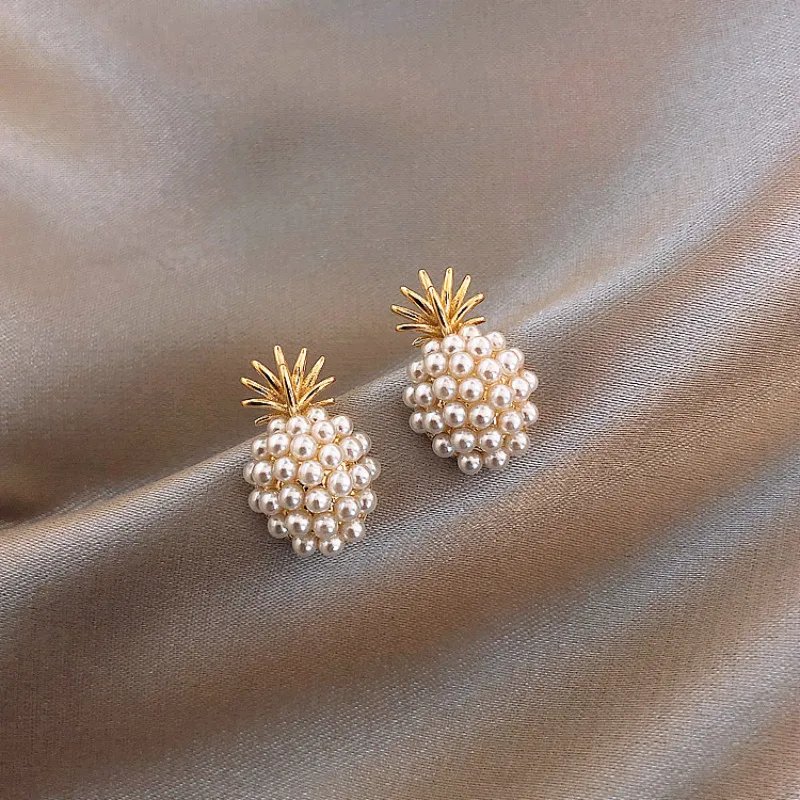 Trendy Geometric Pineapple Pearl Stud Earrings for Women