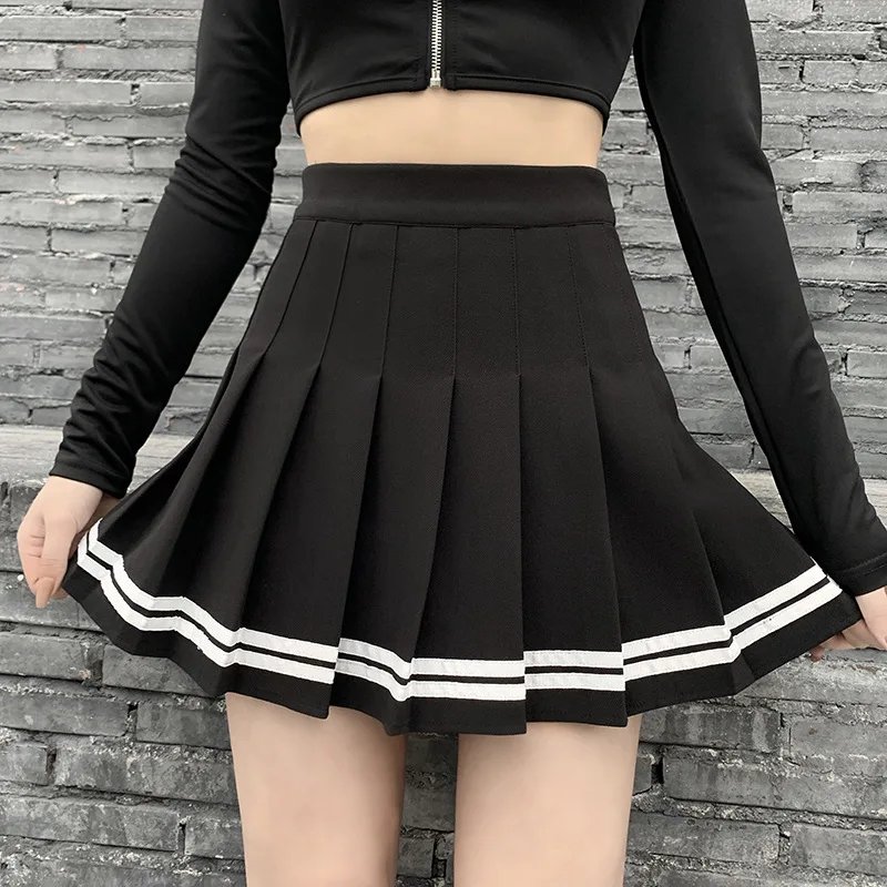 Harajuku Black Patchwork Pleated High-Waist Mini Skirt