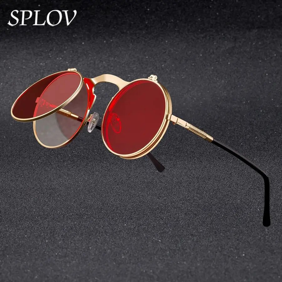 Vintage Steampunk Flip-Up Round Metal Sunglasses Unisex