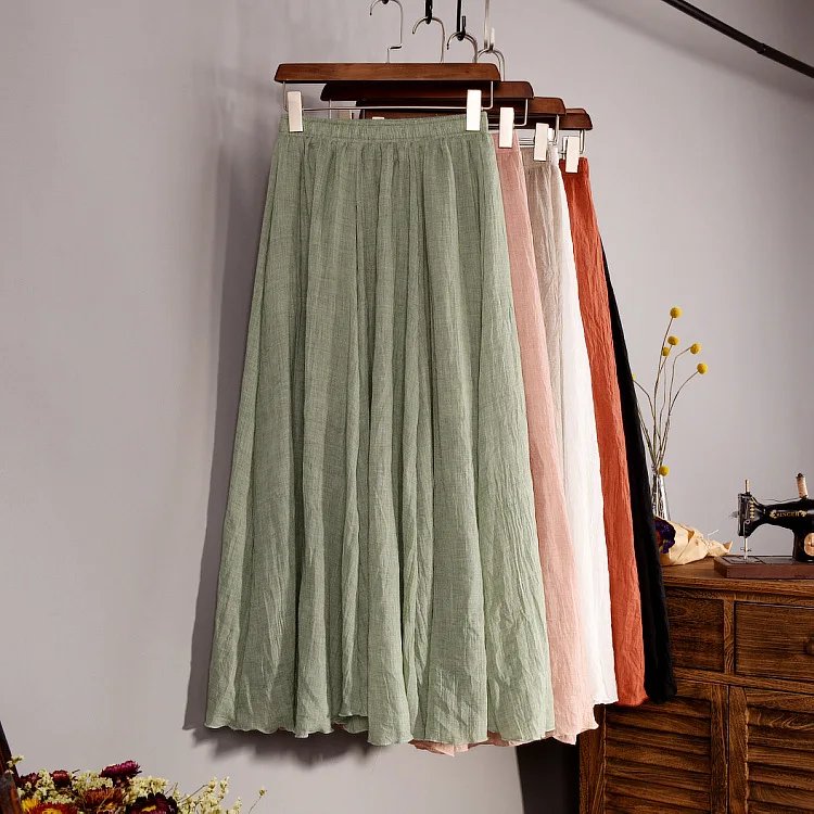Women’s High-Waist Linen Pleated Maxi Skirt – 16 Colors