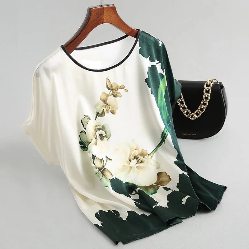 Plus Size Vintage Floral Satin Blouse – Batwing Top