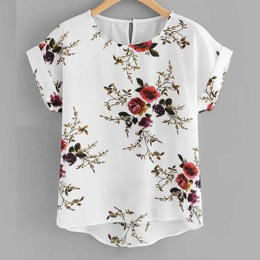 Women’s Summer Floral Round-Neck Short Sleeve Blouse
