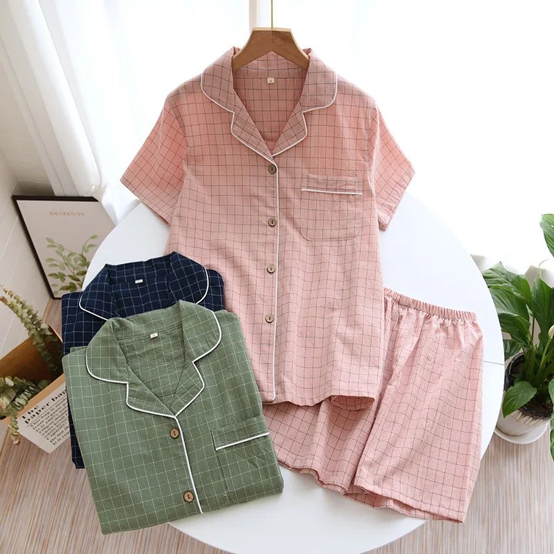 Summer Plaid Short-Sleeve 100% Cotton Couple Pajama Set