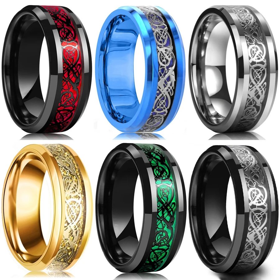 8mm Men’s Stainless Steel Dragon Wedding Band – Carbon Fiber