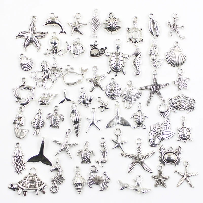 30pcs Mixed Sea Creature Charms – Antique Silver