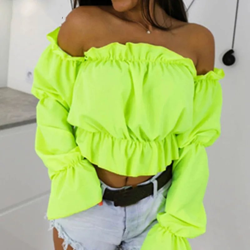 Women’s Off-Shoulder Polka Dot Crop Top, Lantern Sleeves