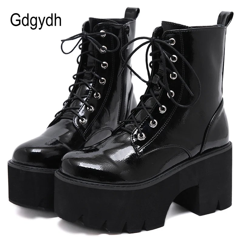 Women’s Black Patent Chunky Platform Wedge Ankle Boots
