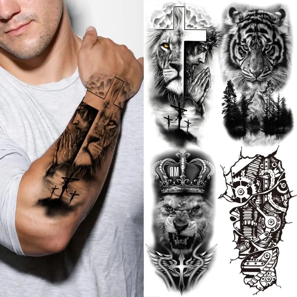 Realistic Lion Cross Temporary Tattoo Compass Design