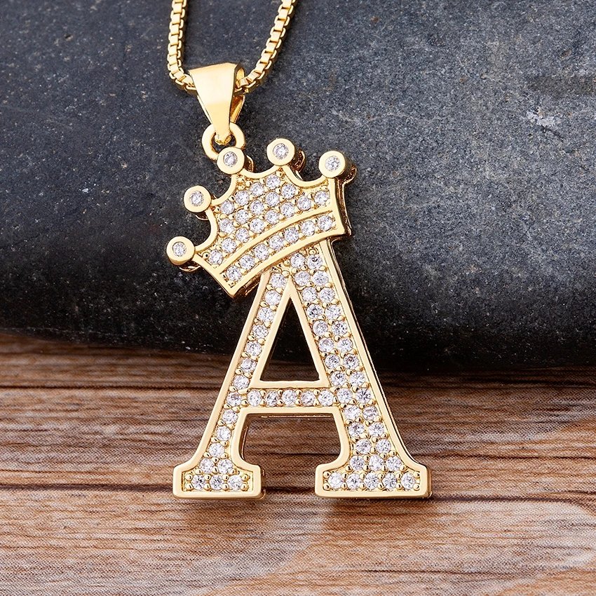 Copper Zircon Crown Initial Necklace - A-Z Pendant Unisex