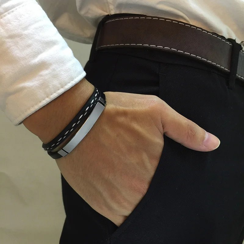 Vnox Unisex Genuine Leather Layered Bracelet with Steel Bar